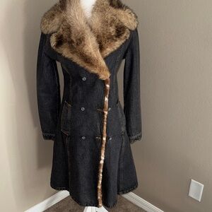 Dark Denim Trench Coat with Faux Fur Trim